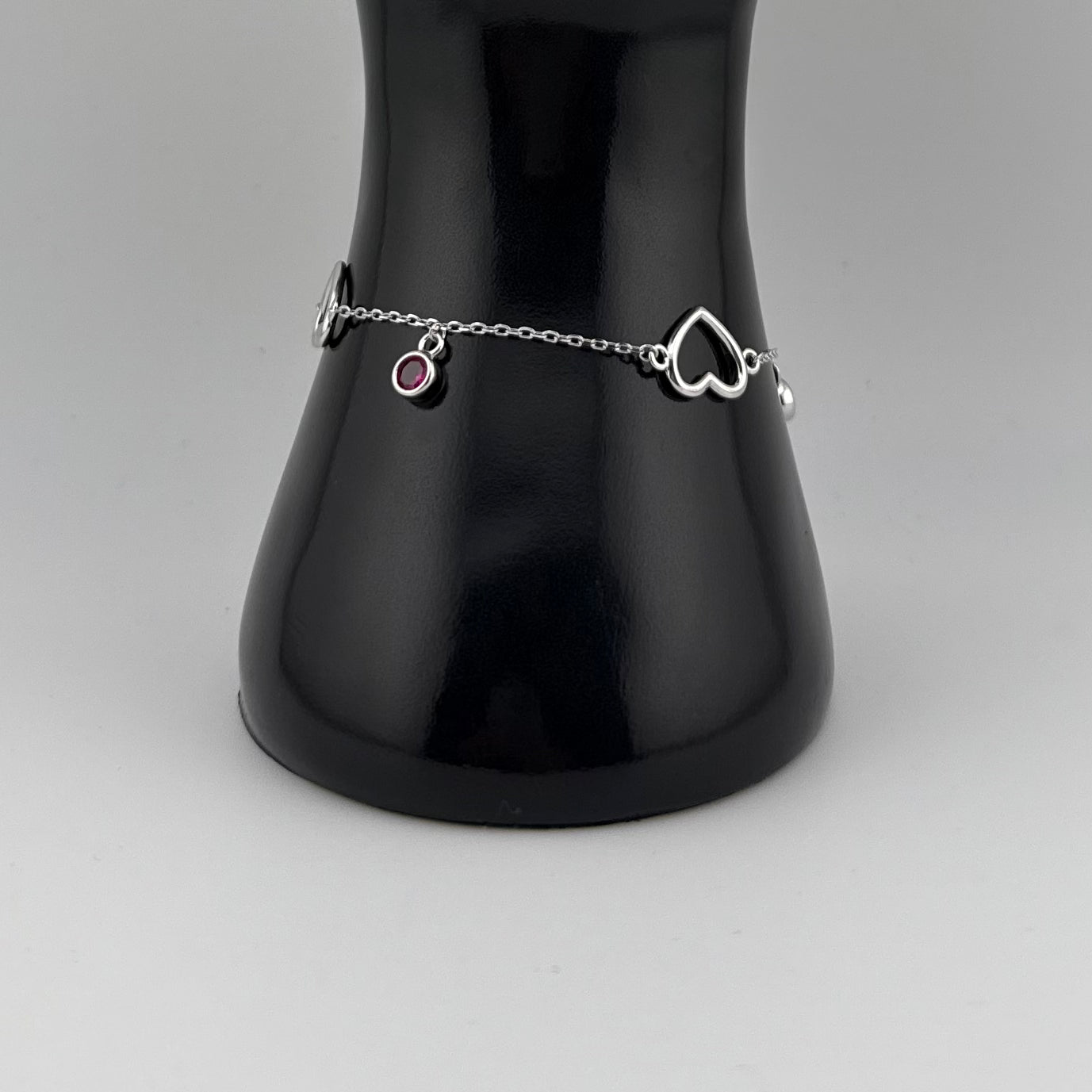 Bracelet charme cœurs et pierre rouge en Argent 925