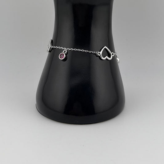 Bracelet charme cœurs et pierre rouge en Argent 925