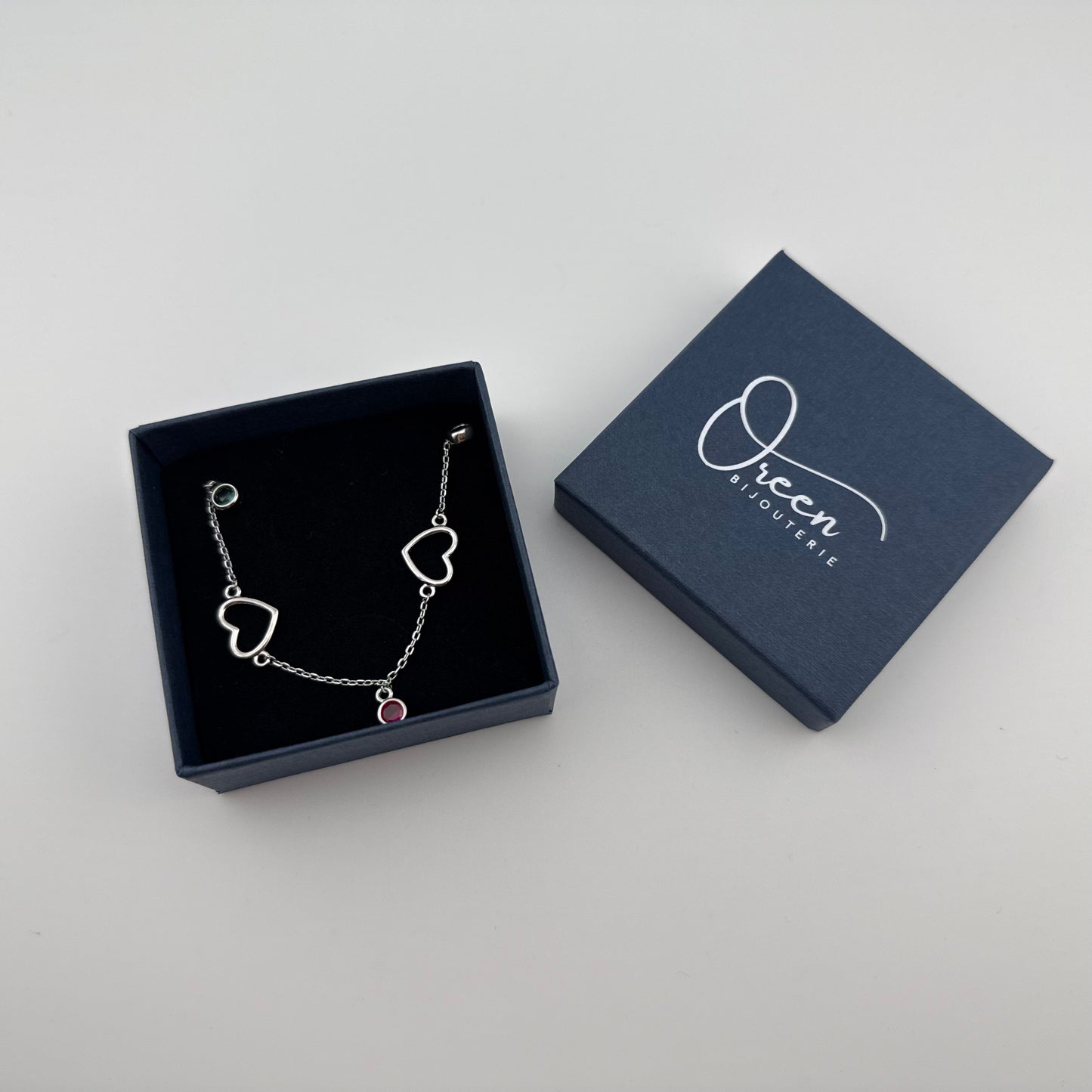 Bracelet charme cœurs et pierre rouge en Argent 925