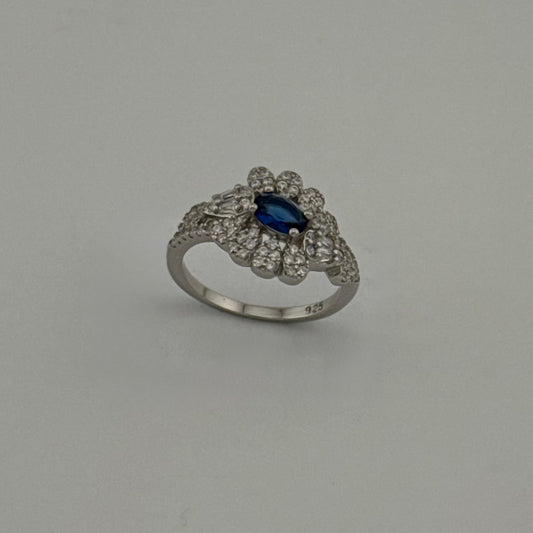 Bague fleur royale en Argent 925 et Zircons Saphir et Blancs